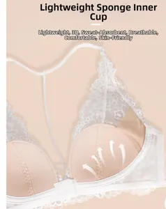 Macro detail of breathable thin sponge inner cups with delicate white lace trim