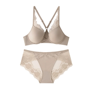 Lace push-up bra and panty set with front closure and French style Y-back in beige