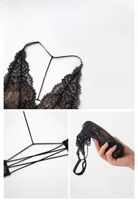 Close-up of flexible black lace bra showing wire-free design and thin adjustable straps