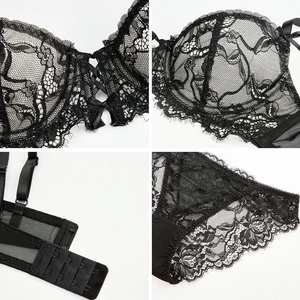 Lace lingerie set with eyelash lace details, cross-strap design, and sheer mesh panties