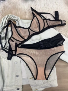 Detail view of French leopard lace bra set with sheer mesh and black frame design