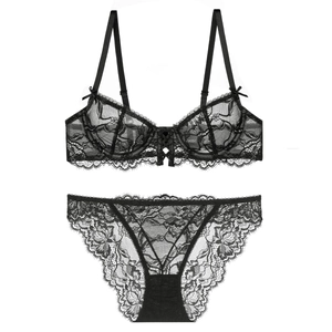 Sexy black lace lingerie set with sheer floral bra and matching scalloped panties