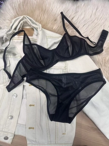 Detail of sheer black mesh lingerie set with underwire bra and matching panty