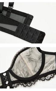 Close-up of black lace bra featuring four-row hook closure and delicate eyelash lace detail