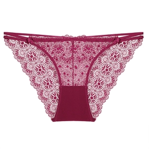 Lace low-rise brief in dark red with sheer floral mesh and dual side straps details