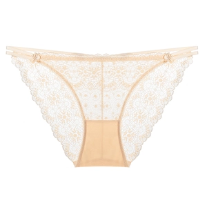 Beige floral lace mesh panties with low waist design and cute side bow accents