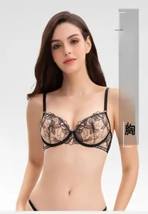 Close-up of black sheer floral lace embroidery on sheer underwired push-up bra