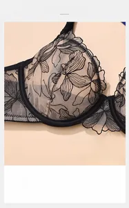 Dettaglio del reggiseno francese in pizzo nero ultrasottile con ricamo floreale raffinato