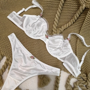 French style ultra-thin white lace lingerie set with satin fabric and pink rose accents