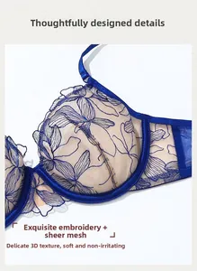 Detail of blue sheer mesh bra with intricate floral embroidery and steel wire support