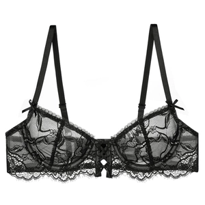 French style black lace bra for women featuring delicate floral patterns and bow details