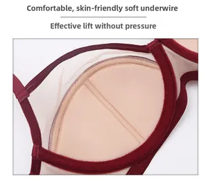 Detail view of burgundy mesh bra featuring soft underwire for comfortable lifting support