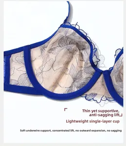 Detailed close-up of floral lace embroidery and soft wire support on blue lace bra