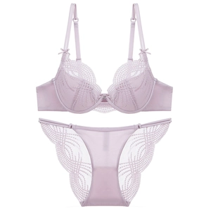 Detailed view of light purple lace lingerie set with floral embroidery and satin bows
