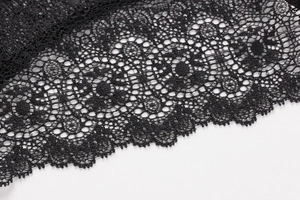 Detail shot of the intricate floral lace pattern and scalloped edges on black panties
