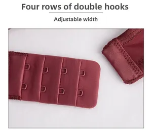 Detail view of the four-row two-hook adjustable back closure on a mesh lingerie bra
