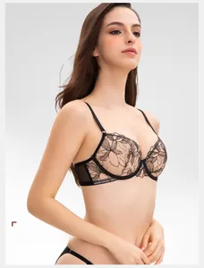 Detail of black floral lace bra featuring side support design and sheer embroidery