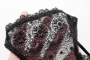 Detailed view of sheer black lace fabric with intricate floral patterns and scalloped edges