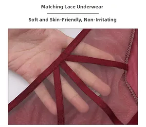 Detail of dark red sheer lace panties featuring sexy crisscross straps and mesh fabric