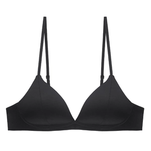 Minimalist black wireless triangle cup bra with adjustable straps on white background