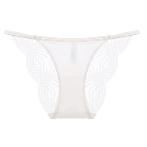 Spitzentanga für Damen aus beigem Satin und atmungsaktivem, transparentem Mesh