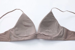 Detail of thin seamless triangle cup bra showing fine microfiber and mesh texture