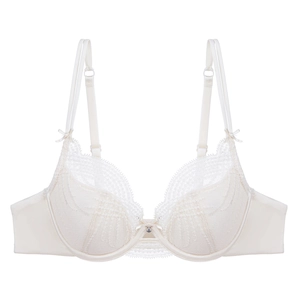 Elegant cream lace bra with 3/4 cups and adjustable thin straps on white background