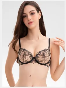 Detail of black floral lace bra showing sheer embroidery and thin elastic straps