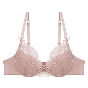Pale pink lace bra with mesh embroidery, wave edges and rhinestone heart detail