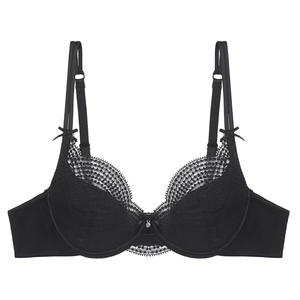 French style black lace bra for large breasts featuring floral mesh and silk side panels