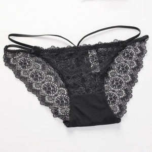 Sexy black floral lace underwear for women with dual waist straps and bow detail