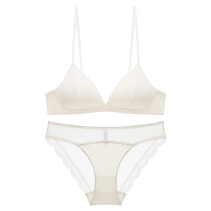 Detail of ivory satin triangle bralette set with sheer mesh lace panties and thin straps