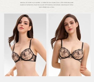 Detail of French style black floral lace bra showing sheer mesh and delicate embroidery