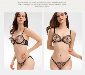 Dettaglio del ricamo floreale nero sul set reggiseno e perizoma in pizzo trasparente