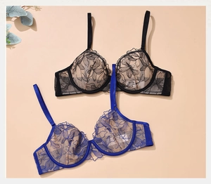 Detail of sheer lace bras in black and royal blue with intricate floral embroidery