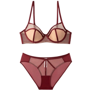 Elegant wine red mesh bra and panty set with contrast lining in high-definition flat lay