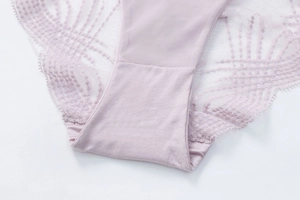 Close-up of the breathable cotton lining and delicate lavender lace on the panties