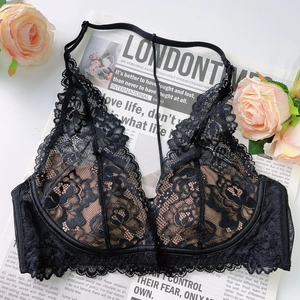 Detailed macro view of black floral lace embroidery and sheer mesh on sexy French bra