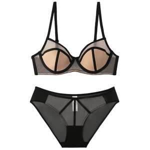 Two-piece mesh lingerie set with contrast piping and unlined underwire cups