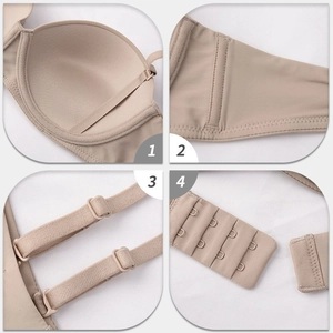 Detail view of beige strapless push up bra with non-slip silicone and four-row hook closure