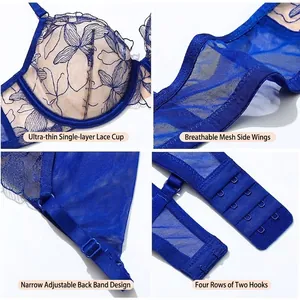 Set lingerie sexy in pizzo blu scuro con ricami floreali e fasce laterali traspiranti