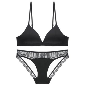 French style black lace lingerie set with wireless triangle cup bra and sheer panties