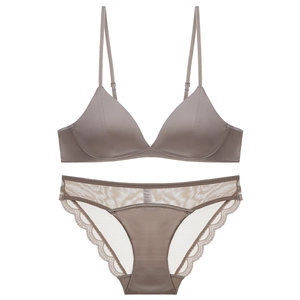 Lace and satin wire-free triangle bra set with low-rise panties in mocha color