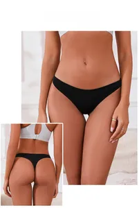 Front and back view of seamless black thong with a high-cut lifting design on model