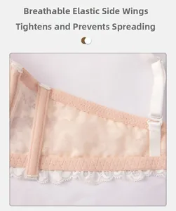 Breathable lace bra side wing detail with elastic mesh and white floral edges