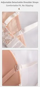 Detail view of adjustable and detachable straps on a peach lace push-up bra set