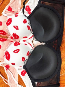 French lace lingerie set with red lip embroidery and push-up cups in three color designs