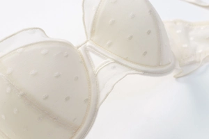 Detail eines beigen BHs mit gepunktetem Netzstoff und elegantem, hohl geschnittenem Design