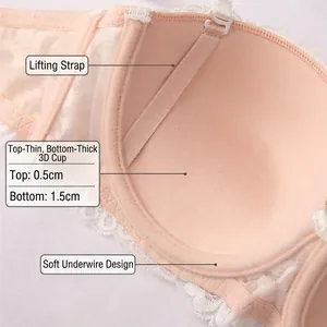 Pink French lace push-up strapless bra with floral embroidery and soft underwire support