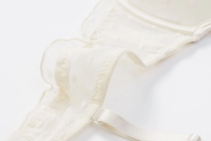 Detailansicht weißer Spitzen-BH mit Mesh-Punkt-Stickerei und verstellbaren Trägern aus Satin